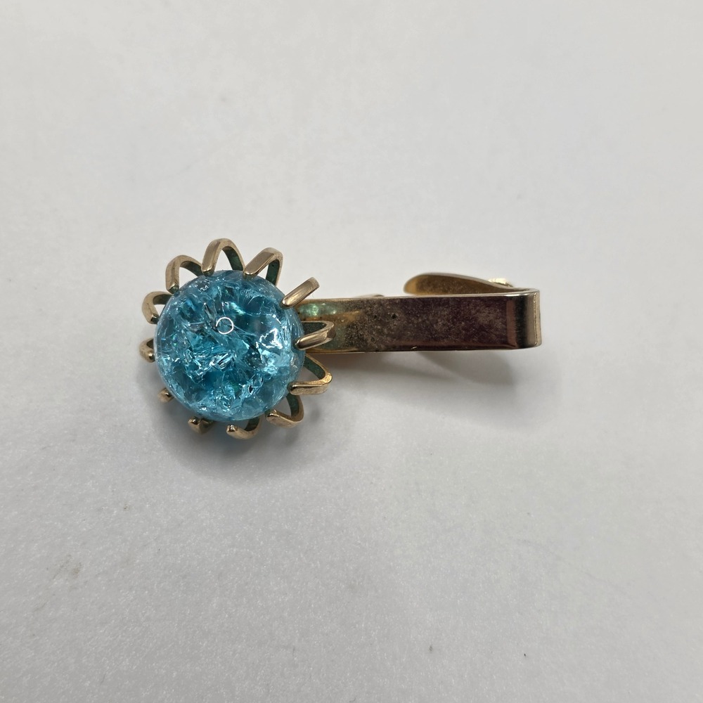 Tie Clip Men Blue Crackle Glass Orb Gold Tone Mid Century Retro MCM Bar